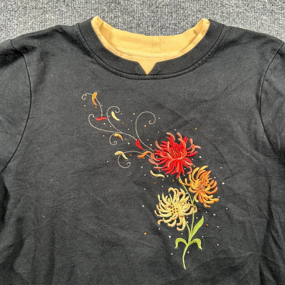 Breckenridge Sweatshirt Womens Size PL Black Floral Embroidered Double Collar